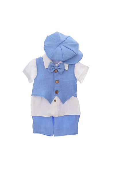 Recostore Costumas de vara din muselina pentru botez, bleu, 5 piese, REC3310