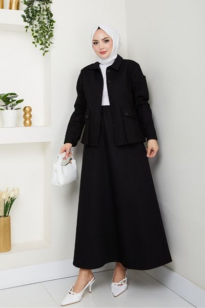 Bestenur Bellows Pocket Shirt Skirt Double Set 1551 - Black