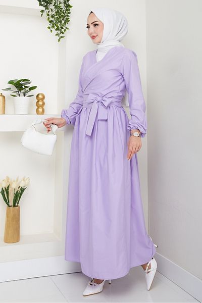 Bestenur Tie-Up Blouse Skirt Double Set 1465 - Lilac