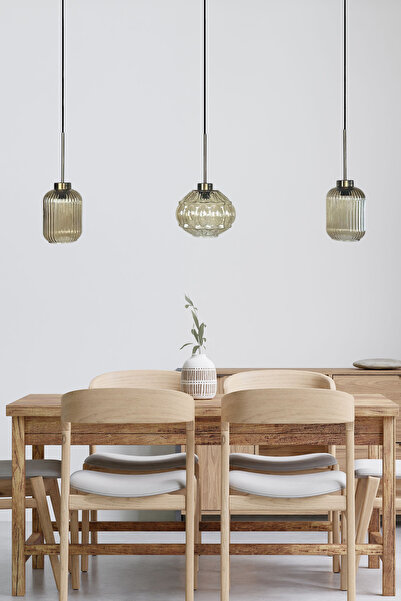 Bamyum Üçlü Lunex Cam Bal Rengi Avize İnce Eskitme Başlık Sarkıt Yemek Masası Üstü Iç Mekan Cafe Otel