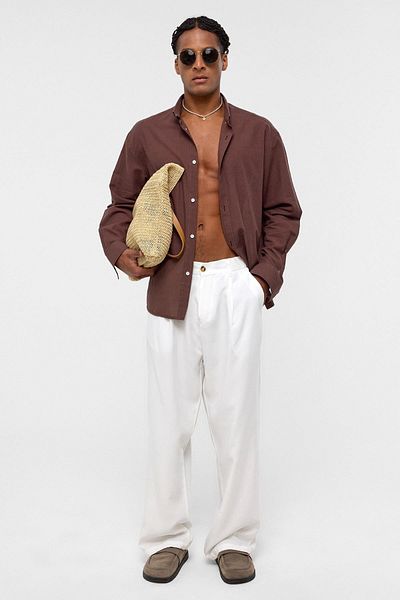 VAMOSCLO Basic Oversize Cotton Linen Shirt Brown