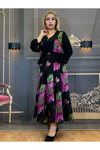 Yeşilmoda Evening Dress,Floral,Chiffon and Satin,Dress with Skirt,High Quality,Hand Embroidered Stone,Lined,Patterned