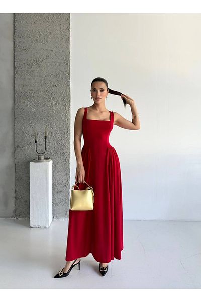 Enie Women's Red Midi Length Sandy Fabric Gathered Side Dress