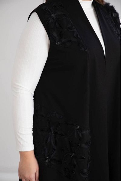 FOR ESRA BIG TREND Women's Plus Size Floral Tulle Applique Bias Cut Long Viscose Knitted Vest