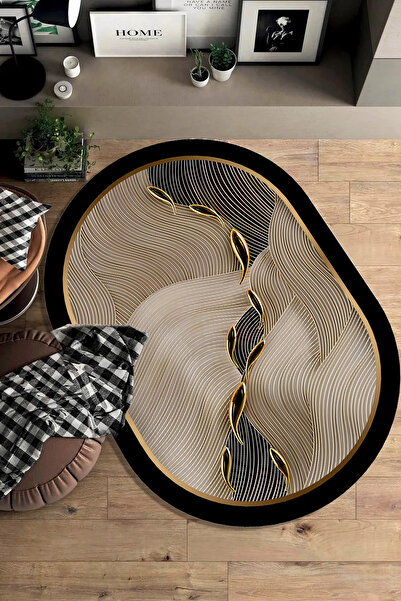 CAPPİO HALI Dijital Baskılı Makinada yıkanabilir Oval Salon Halısı Mutfak Hal...