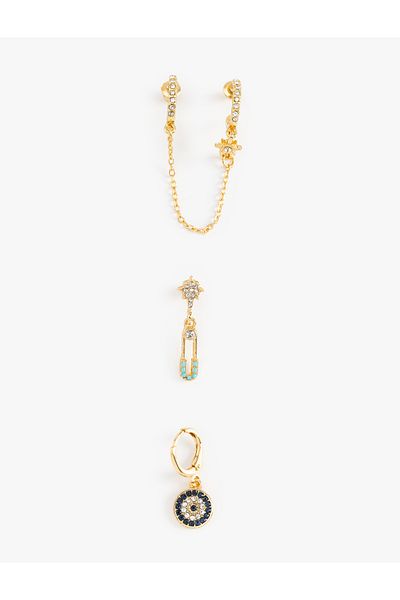 Koton Stone Detailed Evil Eye Beaded Chain 3-Piece Earring Set