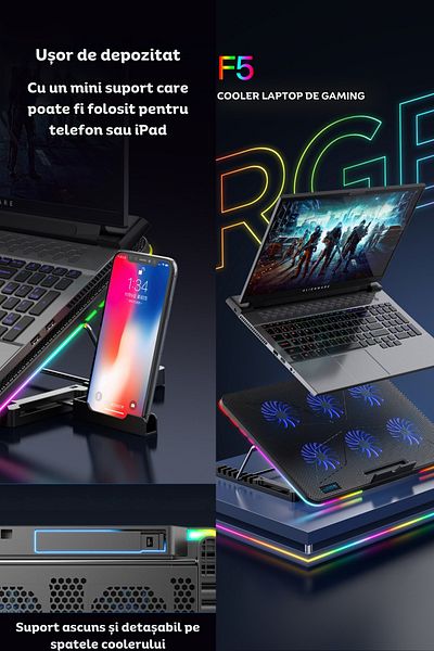 clickzu Cooler laptop gaming F5 Clickzu, 6 ventilatoare RGB, suport 7 unghiuri, USB HUB, 15.6"