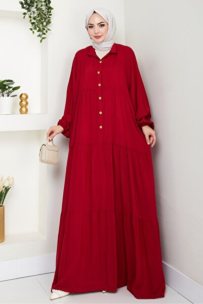 Bestenur Bat Sleeve Woven Viscose Dress 1536 - Burgundy