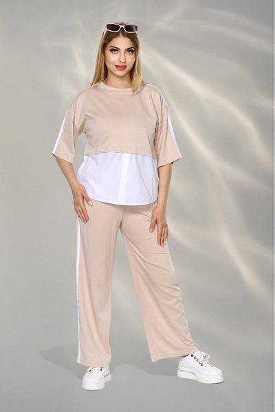 NEWCO Women's Sporty-Chic Suit – Button Detailed Top & Side Stripe Pants