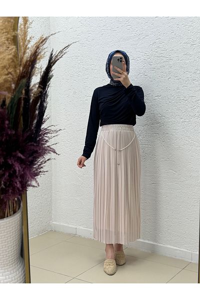 MİHRA STORE Zenista Pearl Pendant Pleated Chiffon Skirt-Ge8547 Stone