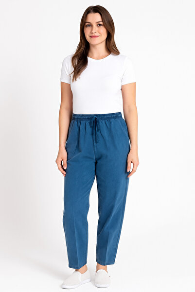 nacar çarşı Women's Blue Linen Blend Relaxed Cut Raw Cloth Trousers