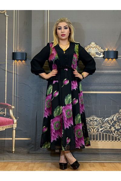 Yeşilmoda Evening Dress,Floral,Chiffon and Satin,Dress with Skirt,High Quality,Hand Embroidered Stone,Lined,Patterned