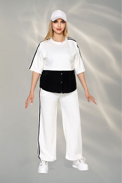 NEWCO Women's Sporty-Chic Suit – Button Detailed Top & Side Stripe Pants