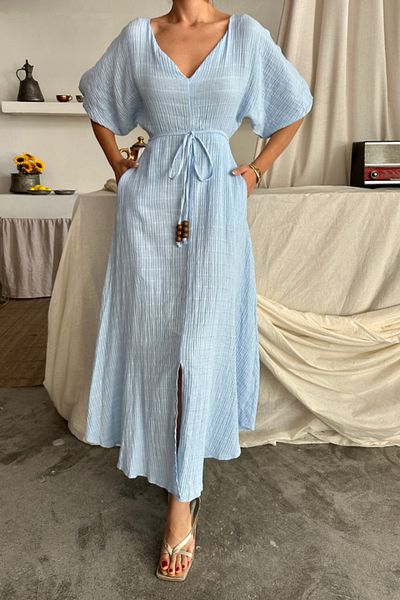 Aymood ROCHIE DE MUSLINĂ CU GÂRĂ IN V CU DETALII DE FĂRĂ - Albastru Bebeluş