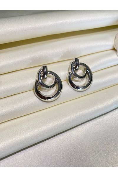 Furtek Aksesuar Women's Silver Color Nested Circle Earrings Model Luxury Trend