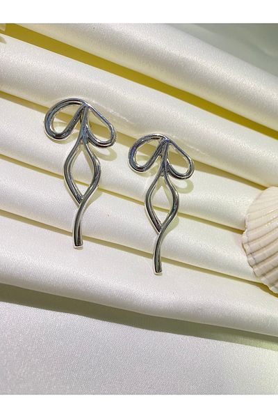Furtek Aksesuar Women's Silver Color Bow Earrings 5 cm Luxury Trend
