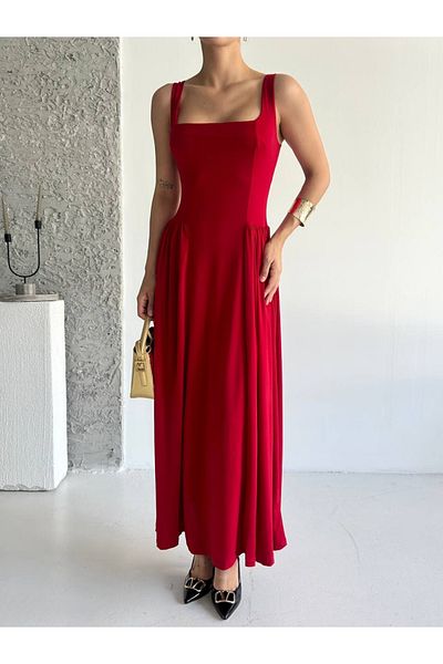 Enie Women's Red Midi Length Sandy Fabric Gathered Side Dress