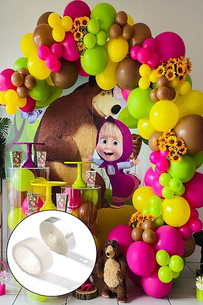 Maşa ve Koca Ayı 35-Piece Masha Concept Balloon Set (Yellow-Green-Fuchsia-Brown) Bear with Chain + Adhesive Masha