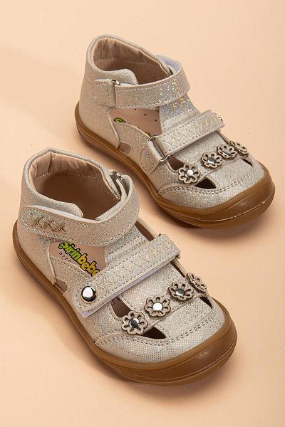 Dilimler Ayakkabı Şirinbebe Orthopedic Baby Girl First Step Shoes Gold Double Velcro Floral