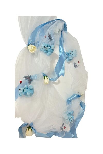 Botez Decor cristelnita din tulle alb, flori din sapun ivory, panglica blue si ursuleti blue