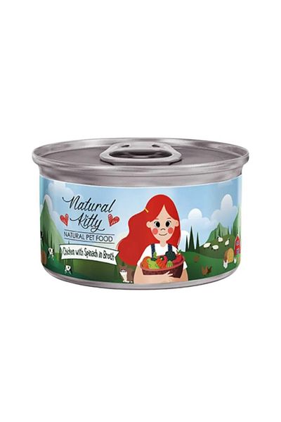 Natural Kitty طعام القطط المعلب بالدجاج والسبانخ في مرق - 80 جم