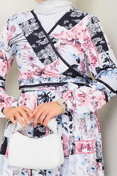 Bestenur Floral Pattern Blouse Skirt Double Set 1466 - Black