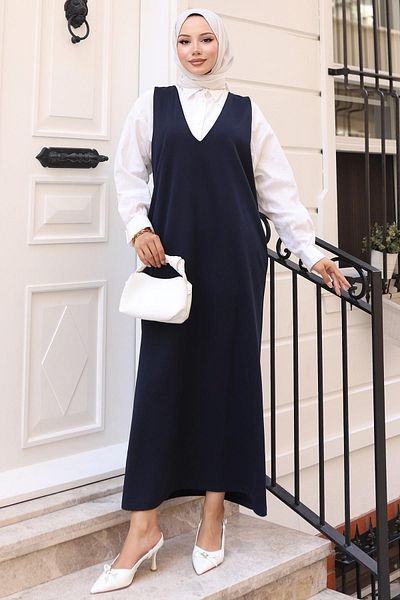 hafsamina Πλεκτό φόρεμα Gilet με τσέπες V λαιμόκοψη Navy Blue HM2754