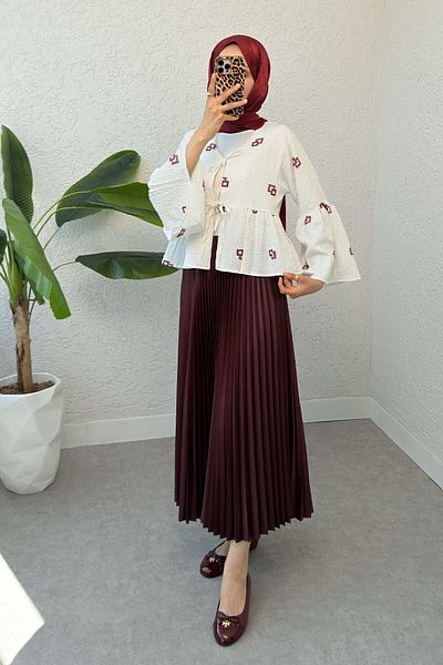 Salih Çelebi Square Pattern Midi Kimono 2336 - Claret Red