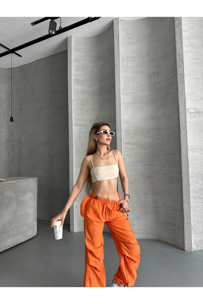 solena sln Women's Parachute Fabric Sound-Proof Soft Textured Waist Elastic Loose Cut Pants