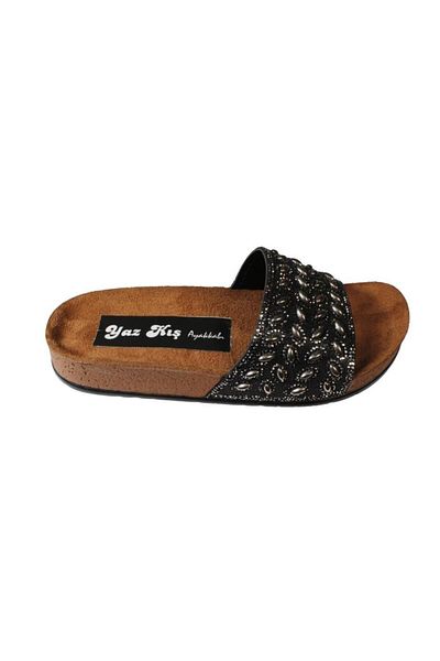 Yaz Kış Ayakkabı Yazkiş Women's Black Platinum Stone Glitter Flat Sole Slippers
