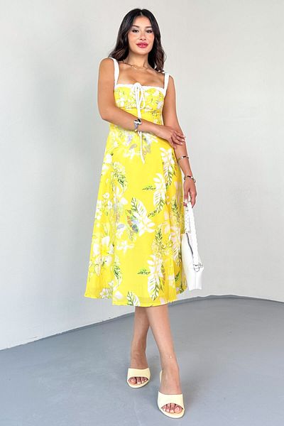 Cappmoda ELB-01803 Φόρεμα βισκόζης με κίτρινο λουλουδάτο μοτίβο και λουράκι μπούστο