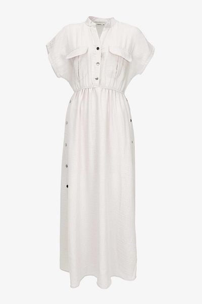 birizmoda Women's Lined Button Detailed Short Sleeve Long Dress - Cream