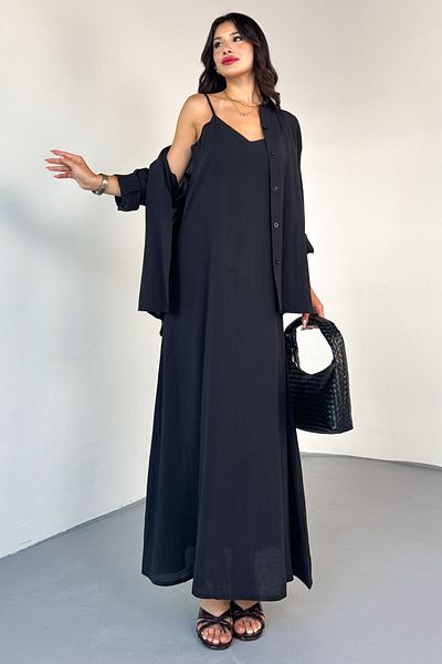 Cappmoda Tkm-13319 Black Adjustable Strap Dress & Hidden Button Shirt Double Suit