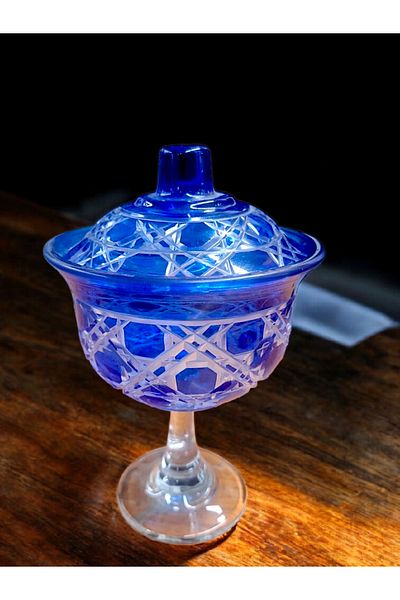 AYZ HOME Blue Cut Glass Covered Sugar Bowl