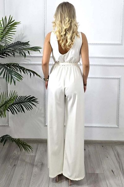 FashionForYou YLINA elegant long jumpsuit, with semi-cut back and drawstring, White, Size S/M