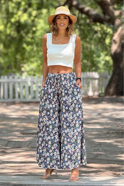 Nevin Kaya Moda Italian Blue Cherry Blossom Patterned 100% Cotton Viscose Trousers