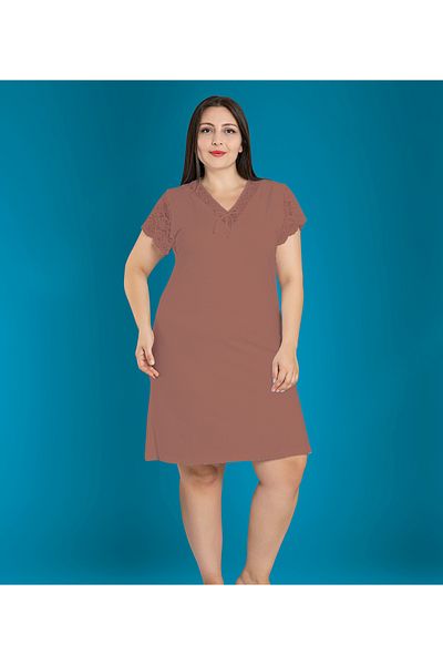 JENİKA Women's Short Sleeve Plus Size Lace Detailed Viscose Nightgown