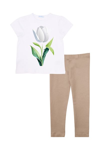 Mavipink Girls' White Tulip Printed Cotton T-Shirt and Leggings Set