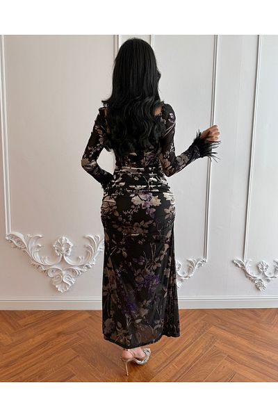 toog Floral print dress with black feathers at the end of the sleeves