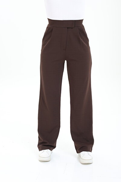 Pientro Women's Line Lycra Zipper Closure Pleated Brown Palazzo Trousers