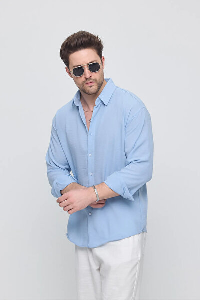 Richarlison Erkek Bebe Mavisi Keten Dokulu Uzun Kollu Oversize Gömlek