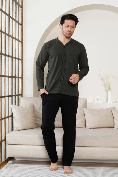 ALİMER Men's Pajama Set with Front Buttons - Khaki Long Sleeve Lycra Cotton 1214Uy