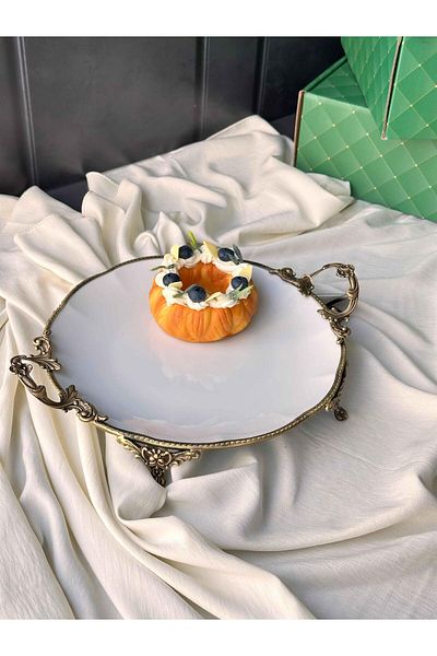 ROSSEV Antique White Round Presentation Plate with Handle