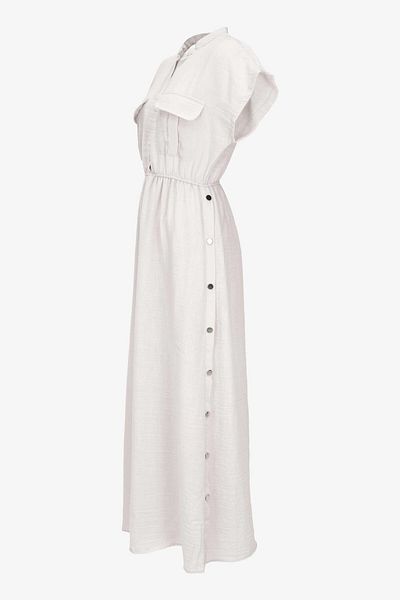 birizmoda Women's Lined Button Detailed Short Sleeve Long Dress - Cream