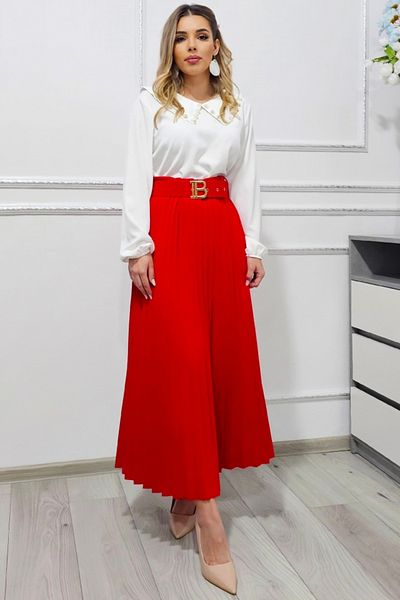 FashionForYou BELORI elegant pleated skirt and decorative belt, Red, Size S/M/L