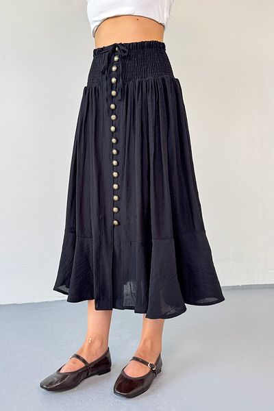 Cappmoda ETK-02339 Fusta vintage căptușită cu detaliu de nasturi antice Gipeli negru