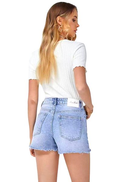 FashionForYou Pantaloni scurți din denim Aura cu talie înaltă și perforații largi, albastru deschis, mărimea S
