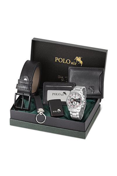 Polo Air Erkek Kol Saati Cüzdan Kemer Kartlık Çakmak Anahtarlık Kombin Set Gümüş Renk PL-0993E3
