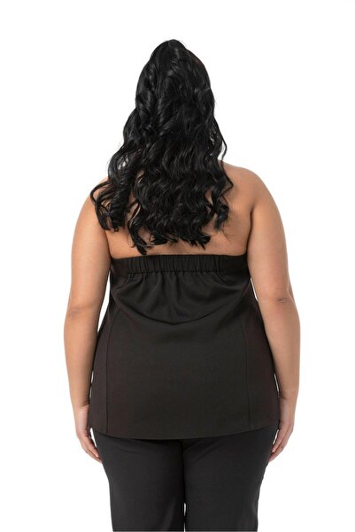 DISENTIS MODEST Plus Size Satin Ornament Pocket Flap and Satin Overlay Button Back Elastic Waist Black Bustier