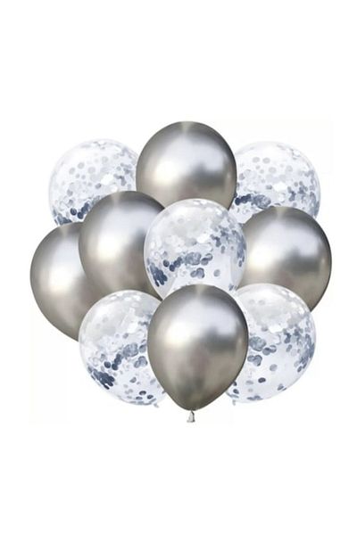 OEM Set 10 Balloons Confetti, 5 Latex, 5 Bright, Silver